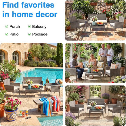 FDW Outdoor Patio Furniture Set Wicker Patio Set PE Rattan Furniture Bistro Set for Outdoor Indoor Use with Loveseats Coffee Table, Khaki Cushions, 4 Pieces