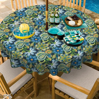 Outdoor/Indoor Round Tablecloth with Umbrella Hole Zipper, Decorative Circular Table Cover for Home Garden, 60 Inch, Wonder Garden