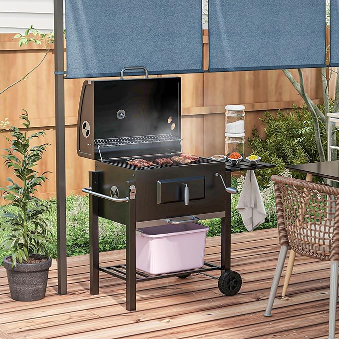 Charcoal BBQ Grill, Outdoor Portable Cooker for Camping or Backyard Picnic with Side Table, Bottom Storage Shelf, Wheels and Handle, Black