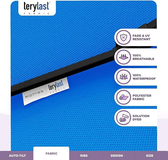Midtown Umbrellas - 10-Year-No-Fade 8 Ft Patio Umbrella with Terylast Fabric, Auto-Tilt Aluminum Frame and 8 Reinforced Ribs for Deck, Pool, Garden & Beach - Cobalt Blue Canopy, Black Pole