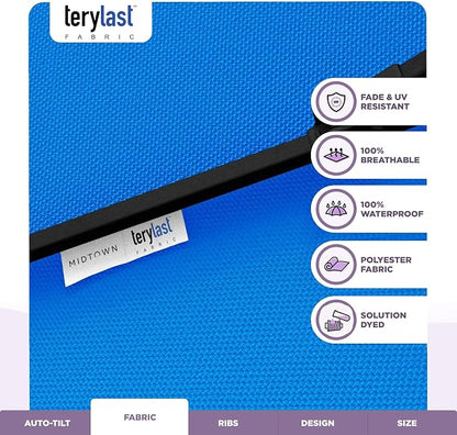 Midtown Umbrellas - 10-Year-No-Fade 8 Ft Patio Umbrella with Terylast Fabric, Auto-Tilt Aluminum Frame and 8 Reinforced Ribs for Deck, Pool, Garden & Beach - Cobalt Blue Canopy, Black Pole