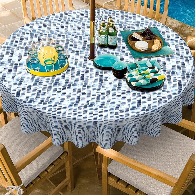 Outdoor/Indoor Round Tablecloth with Umbrella Hole Zipper, Decorative Circular Table Cover for Home Garden, 60 Inch, Pebble Blue