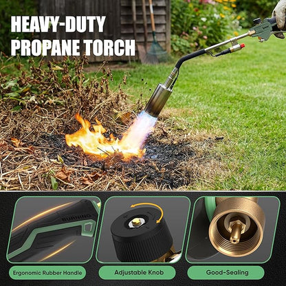 Propane Torch Weed Torch Kit Heavy Duty-340,000 BTU Weed Burner with 2 Extension Modes, Piezo Trigger(Self Igniting)&12.5ft Hose, Multi-Fuel Compatible(1lb-100lb) for Weeds, Ice Melting