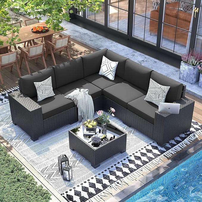 UDPATIO Patio Furniture Set, Outdoor Wicker Sectional Sofa with 8'' Wide Armrests, 6 Piece Modular Patio Conversation Set with Coffee Table for Backyard, Deck, Garden, Black