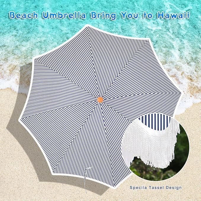 7ft Patio Beach Umbrella with Fringe, Outdoor Umbrella for Poolside, Stripe | MFSTUDIO Tassel Umbrellas UPF50+ with Sand Anchor & Tilt Button, Holiday Outdoor Umbrella with Carry Bag, Ideal for Garden