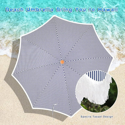 7ft Patio Beach Umbrella with Fringe, Outdoor Umbrella for Poolside, Stripe | MFSTUDIO Tassel Umbrellas UPF50+ with Sand Anchor & Tilt Button, Holiday Outdoor Umbrella with Carry Bag, Ideal for Garden
