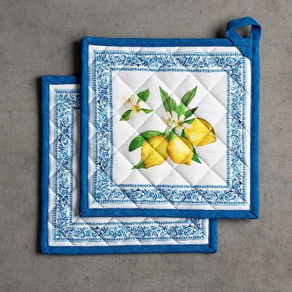 Maison d' Hermine Pot Holders 100% Cotton Heat Resistant Potholders 8" x 8" Hot Pads with Loop BBQ Cooking Baking Hotel Farmhouse Kitchen Handling Hot Pans Spring Summer (Pack of 2, Cedrat)