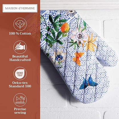 Maison d'Hermine Oven Gloves 100% Cotton Oven Mitt 7" x 13" with Loop Heat Resistant BBQ Cooking Gloves Baking Grilling Kitchen Hotel Home Farmhouse Spring Summer (Pack of 1, Passiflora)