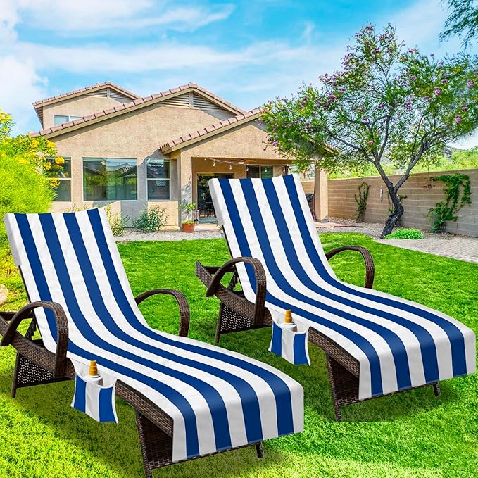 Beach Chair Cover (1Pc), Lounge Chair Covers with Side Pockets 85 x 30,Thick and Quick Dry Lounge Chair Towel Cover for Sun Lounger, Pool Beach Garden Outdoor Tanning Chair Cover, Dark Blue Stripe