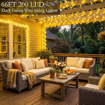 66FT 200 LED Warm White Fairy Lights, Dark Green Wire 8 Modes Timer, IP44 Waterproof Outdoor Indoor String Lights for Patio Garden Backyard Bedroom Classroom Weeding Christmas Decor