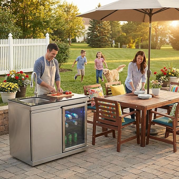 Outdoor Grills & Smokers, Portable Camping Charcoal Grill Cooking Barbecue, 6-Burner 75300 BTU, SS304 with Sink, Wine Cooler, Refrigerator, Granite Countertops & Rotisserie Kit,A3