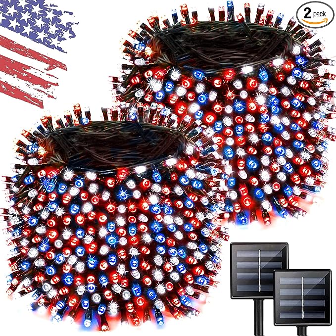 2 Pack 480 LED Solar String Lights for Outside, 170 FT Solar Powered Outdoor Waterproof Twinkle Lights, Solar Tree Light for 4th of July Indenpance Day USA 250th Anniversary Decor (Red White and Blue)