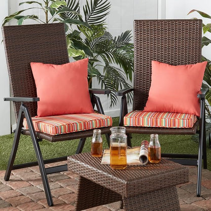 Outdoor 18 inch Square Patio Dining Chair Pads – Comfortable Fiber-Filled Seat Cushions with Ties, Reversible Polyester Fabric - Watermelon Stripe, Set of 2