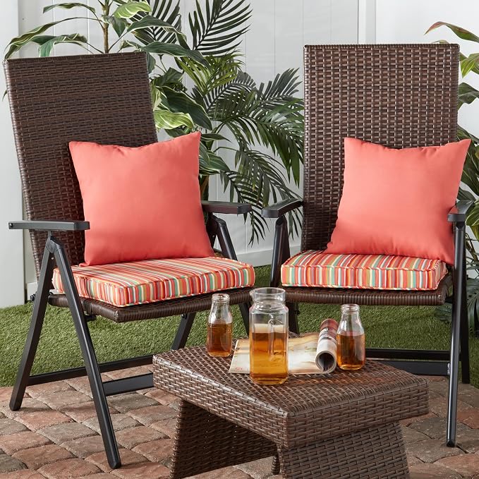 Outdoor 18 inch Square Patio Dining Chair Pads – Comfortable Fiber-Filled Seat Cushions with Ties, Reversible Polyester Fabric - Watermelon Stripe, Set of 4