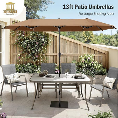 HERA'S PALACE 13 ft Large Patio Umbrella, Double-Sided Twin, Outdoor Market Umbrella with Crank Handle, Powerful UV Protective, Tawny