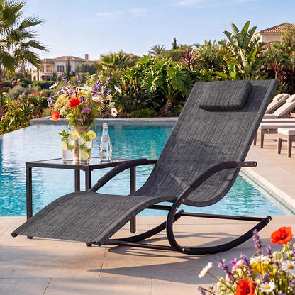 Garvee Outdoor Lounge Chair, Rocking Chair, Lounge Chair Recliner with Detachable Pillow for Patio, Lawn, Pool, Outdoor Home Furniture, Gray