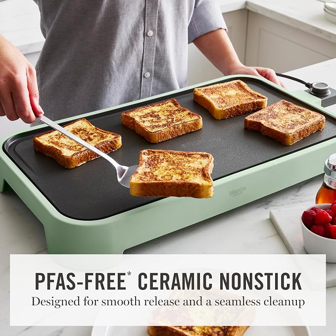 Martha Stewart 12"x 22" XL Electric Griddle, Ceramic Nonstick Flat Top | PFAS-Free Nonstick Grill, XL Cooking Surface for Pancakes & Eggs, Adjustable Temp Dial, Drip Tray, 1500W Heating, Honeydew