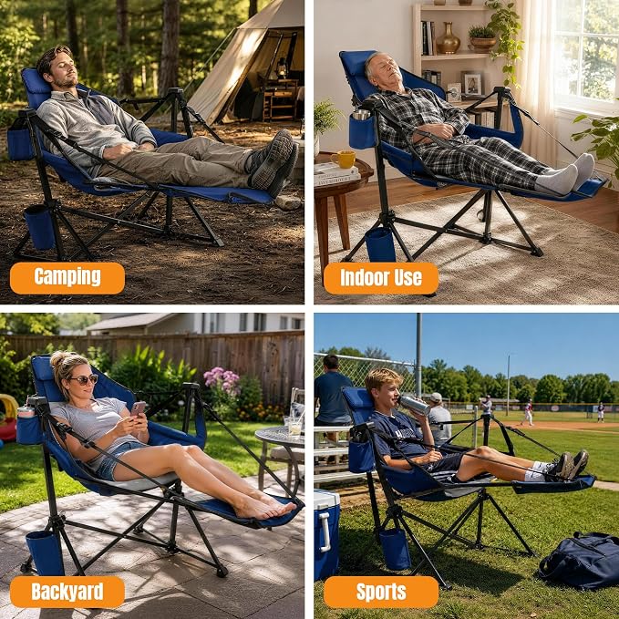 HOPERAN Hammock Camping Chair with Footrest 400lb Swing Chair, Blue 2 Pack | 31.5" Wide Seat, 90°-130° Recliner, Stable Frame, 600D Fabric, Carry Bag, Cup Holder, Storage Pocket, for Beach Patio Sports