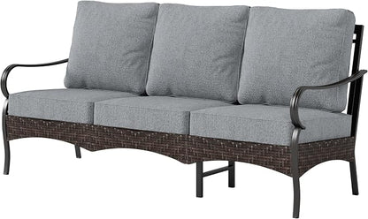 PHI VILLA Wicker & Metal Outdoor Patio Couch,3-Seat Patio Sofa with Deep Seating for Front Porch, Deck, Balcony, Backyard, Sunroom,Grey