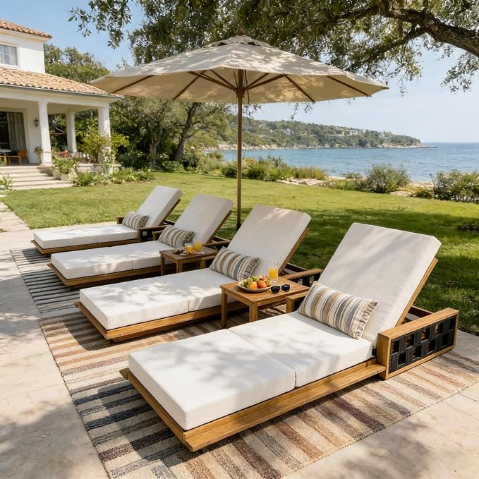 Merax Patio Chaise Lounge Set of 4, Acacia Wood Outdoor Reclining Chairs with 4-Position Adjustable Backrest, 4-Piece Sunbathing Recliner & 4" Thick Triple-fold Cushion for Poolside, Garden, Beige
