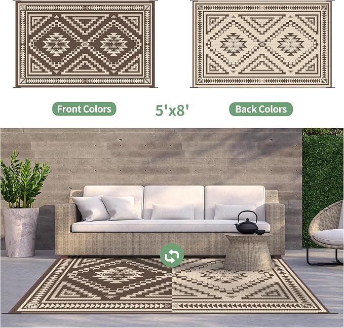 GENIMO Outdoor Rug, Waterproof Plastic Rugs for Patio, 5'x8' Light Beige | Outside Larger Modern Carpet Mat for Porch Decor, Deck, Balcony, Camping, RV, Backyard, Picnic, Beach, Reversible, Foldable