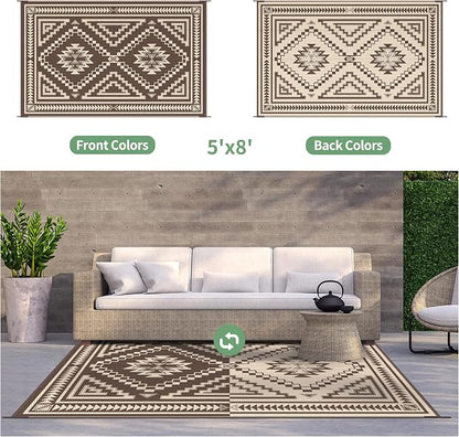 GENIMO Outdoor Rug, Waterproof Plastic Rugs for Patio, 5'x8' Light Beige | Outside Larger Modern Carpet Mat for Porch Decor, Deck, Balcony, Camping, RV, Backyard, Picnic, Beach, Reversible, Foldable