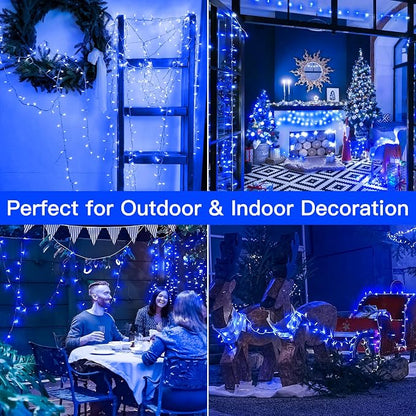 33FT 100 LED Blue Christmas Twinkle String Lights Indoor Outdoor | 8 Modes with Memory, Connectable, IP65 Waterproof, Transparent Wire, Up to 5 Sets, Widely use for Classroom, Bedroom, dorm