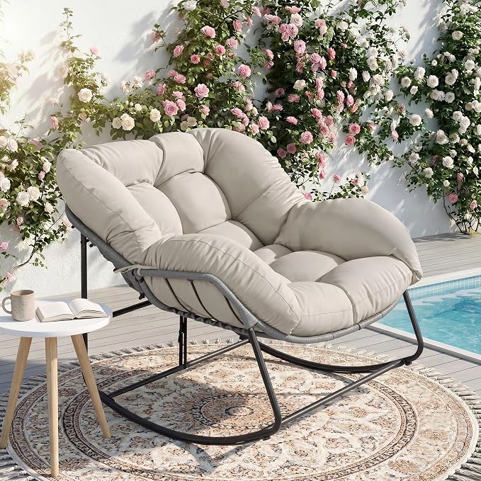 Bifanuo Oversized Egg Rocking Chair for Indoor Outdoor – All-Weather Wicker Rattan Lounge Chair with Cushion Patio Rocker for Porch Garden or Balcony (Beige)
