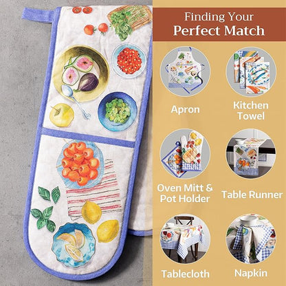 Maison d' Hermine Double Oven Mitts 100% Cotton 7"x35" Double Oven Mitt Heat Resistant BBQ Cooking Gloves with Loop Baking Grilling Kitchen Hotel Home Farmhouse Spring Summer (Gourmand)