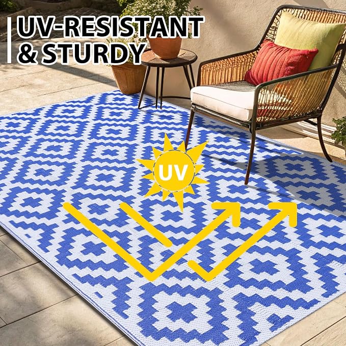 Smiry Outdoor Rug 4x6 ft Waterproof Reversible Boho Mat, White & Blue | Polypropylene Plastic Straw, Quick Drying, Lightweight Foldable, for Patio, Deck, RV Camping, Backyard and Indoor Outdoor Use