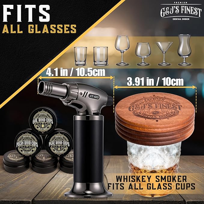 G&J's Finest Whiskey Smoker Kit with 3-Flame Torch, 2 Glasses, 2 Ice Molds & 6 Wood Chip Flavors – Smoked Bourbon|Old Fashioneds Drink Cocktails at Home, Butane Not Included (No Butane Incl.)