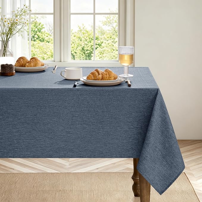 Decorelia Table Cloth for Rectangle Dining Table, Faux Linen Waterproof Texture Farmhouse Washable Rectangular Tablecloth Cover for Birthday, Party, Picnics, Wedding Decor(Demin Blue, 52 x70 Inch)
