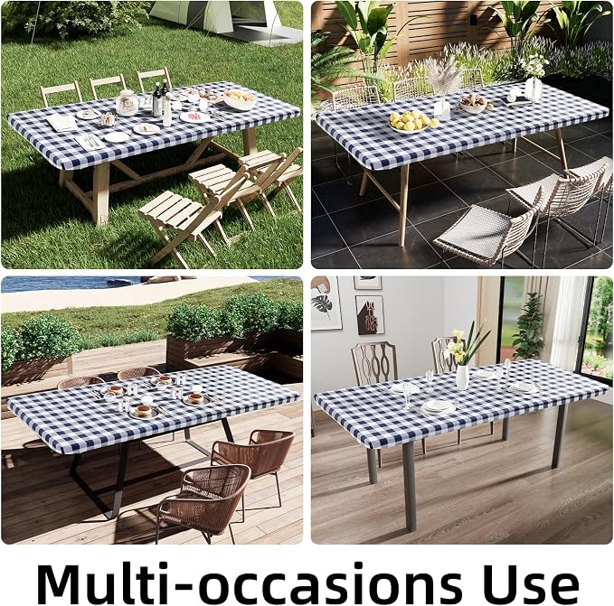 Smiry Rectangle Picnic Table Cloth, Elastic Waterproof Fitted Vinyl Tablecloths, Flannel Backed Buffalo Plaid Table Covers for Dining, Camping, Outdoor (White and Navy, 36" x 96")