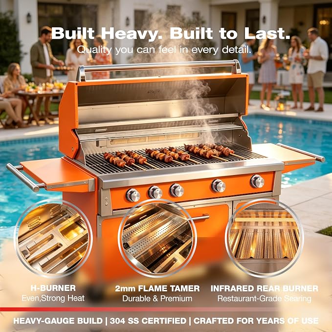 LPG 4 Cast Burners Outdoor Kitchen Grill Island, 99,000 BTU, Orange Painting