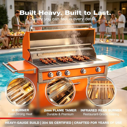 LPG 4 Cast Burners Outdoor Kitchen Grill Island, 99,000 BTU, Orange Painting