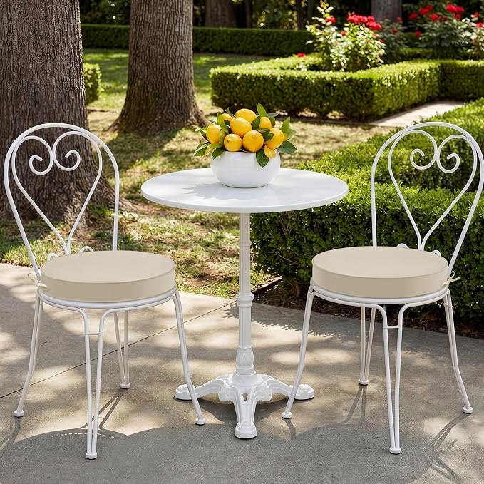 Summsun Outdoor Bistro Chair Cushions Set of 2, 15" D x 3" H Round Chair Cushions Waterproof and Fade Resistant Chair Cushion Pads with Non-Slip Ties and Removable Covers for Garden, Cream