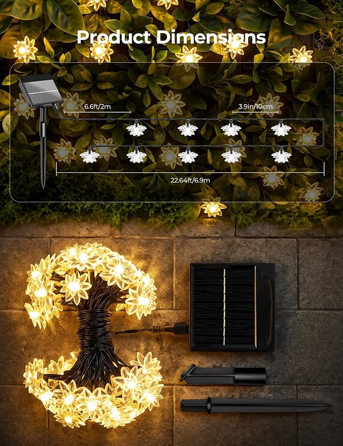 Brightown 50 LED Warm White Solar Flower String Lights Outdoor, IP65 Waterproof Fairy Lights, 8 Modes Solar Christmas Lights Outdoor for Garden Fence Yard Lawn Tree Wedding Party