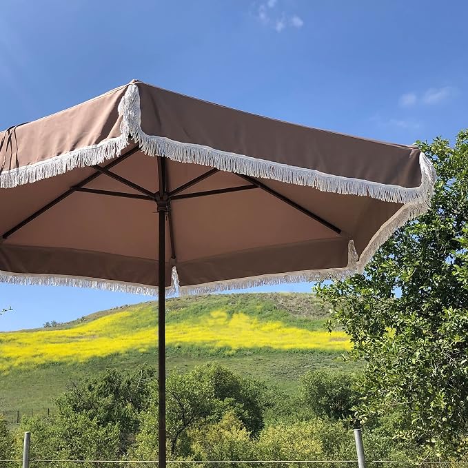 FORMOSA 9ft 6 Rib Market Premium Patio Umbrella Replacement Canopy - 300D UV Protective and Water Resistant Patio Canopy - Umbrella Replacement Cover (CANOPY ONLY) (Taupe Fringe)