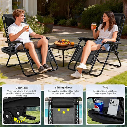 2-Pack Zero Gravity Lounge Chair Recliners - Adjustable Steel Frame with Removable Headrests & Cup/Phone/Tablet Trays - 330LBS Capacity - Black