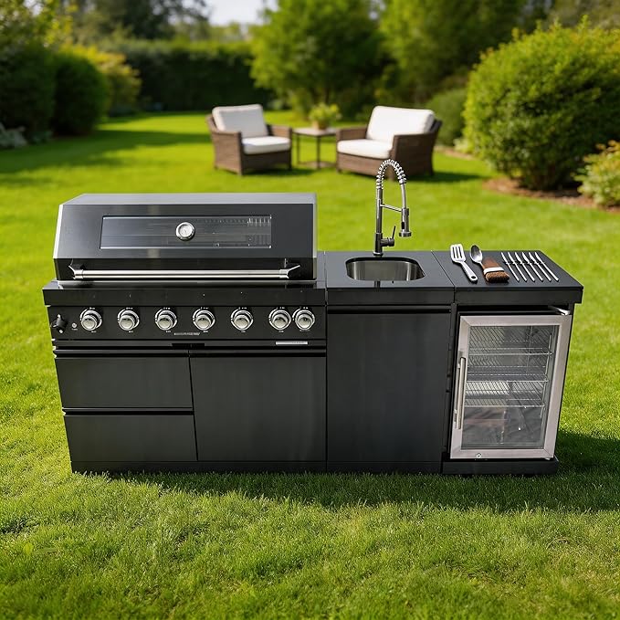 82 Inch Natural Gas Outdoor Kitchen Island with Grill - 6-Burner 85000 BTU, Height-Adjustable Infrared Rear Burner, Sink/Wine Cooler, Granite Countertops & Rotisserie Kit, For Patio, Lawn, Backyard