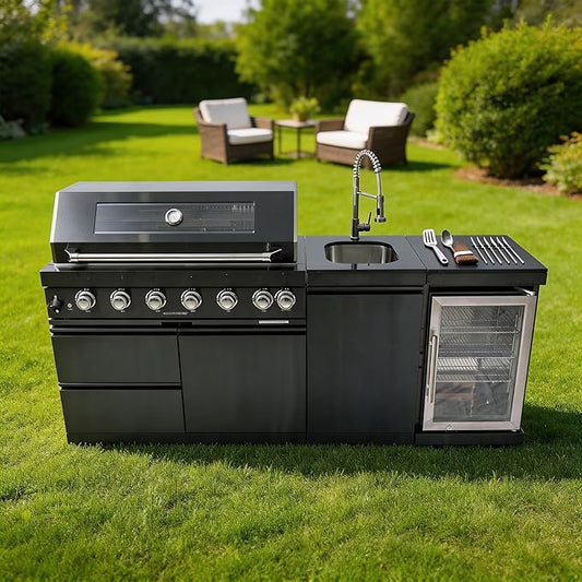 82 Inch Natural Gas Outdoor Kitchen Island with Grill - 6-Burner 85000 BTU, Height-Adjustable Infrared Rear Burner, Sink/Wine Cooler, Granite Countertops & Rotisserie Kit, For Patio, Lawn, Backyard