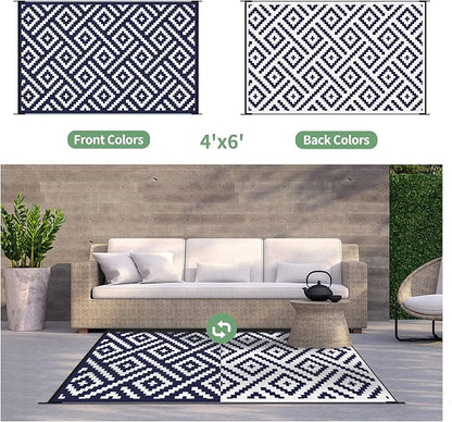GENIMO Outdoor Rug, Waterproof Plastic Rugs for Patio, 4'x6' Blue White | Outside Larger Modern Carpet Mat for Porch Decor, Deck, Balcony, Camping, RV, Backyard, Picnic, Beach, Reversible, Foldable