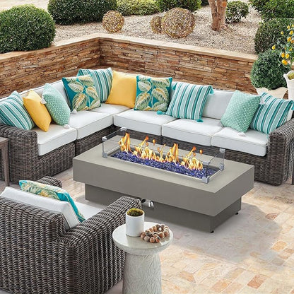 Outdoor Low Profile Fire Table with Wind Glass Shield, 48-inch Rectangle Propane Gas Fire Pit Table, 50,000 BTU Modern Firepit w/Lid, Fire Glass, Cover, Pre-Attached 10ft Propane Hose