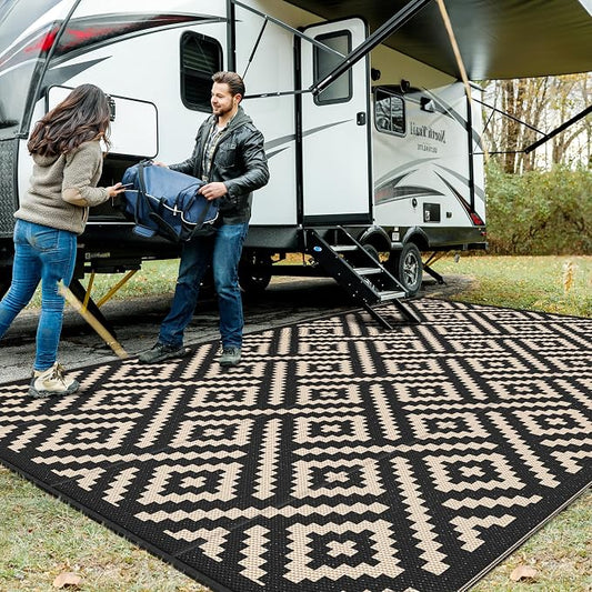 GENIMO Outdoor Rug, Waterproof Plastic Rugs 10'x14' for Camping Black Beige | Outside Larger Modern Carpet Mat for Patio Decor, RV, Porch, Camper, Deck, Picnic, Beach, Backyard, Reversible, Foldable