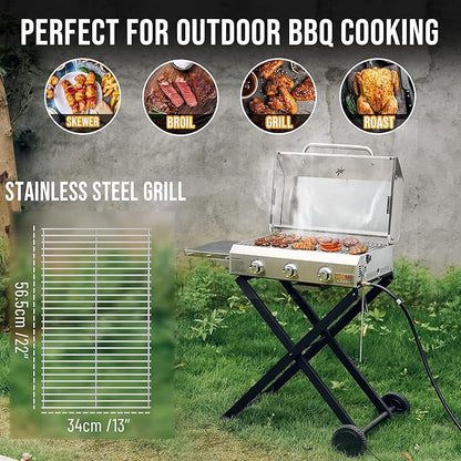 BBQ Gas Grill 3-Burner with Foldable Cart & Side Table, Premium Portable Propane Grill with 22" Cooking Grate for Outdoor Patio Backyard Barbecue Camping Tailgating RV, Stainless Steel, Classic GS308