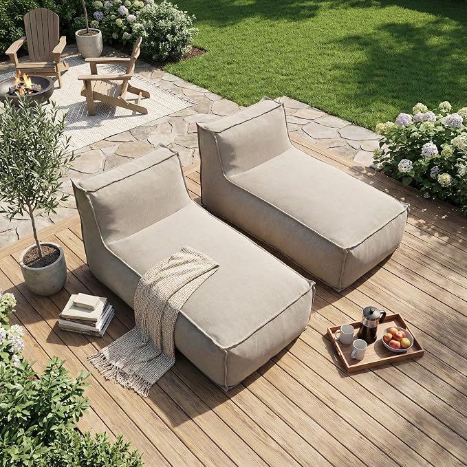 Merax Outdoor Bean Bag Lounge Chairs Set of 2, 61" Outdoor Chaise Lounger Chair with Foam Filled, Cozy Outdoor Bean Bag Couch for Patio Pool Desk, Water-Repellent Fabric Sun Lounger Chair, Beige