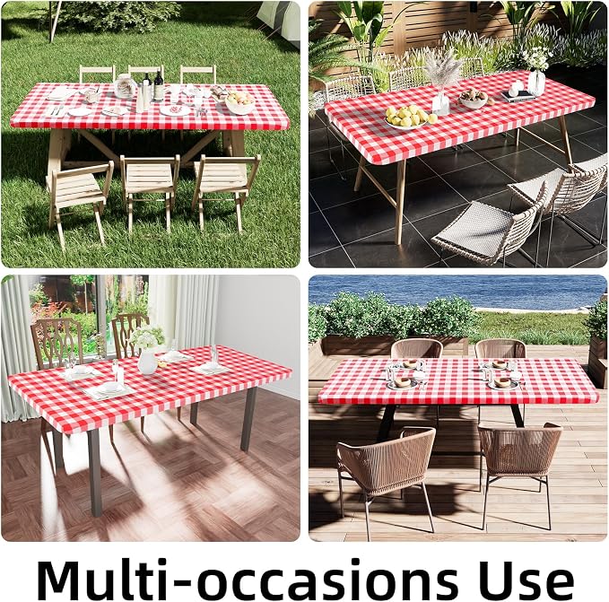 Smiry Rectangle Picnic Table Cloth, Elastic Waterproof Fitted Vinyl Tablecloths, Flannel Backed Buffalo Plaid Table Covers for Dining, Camping, Outdoor (White and Red, 36" x 72")