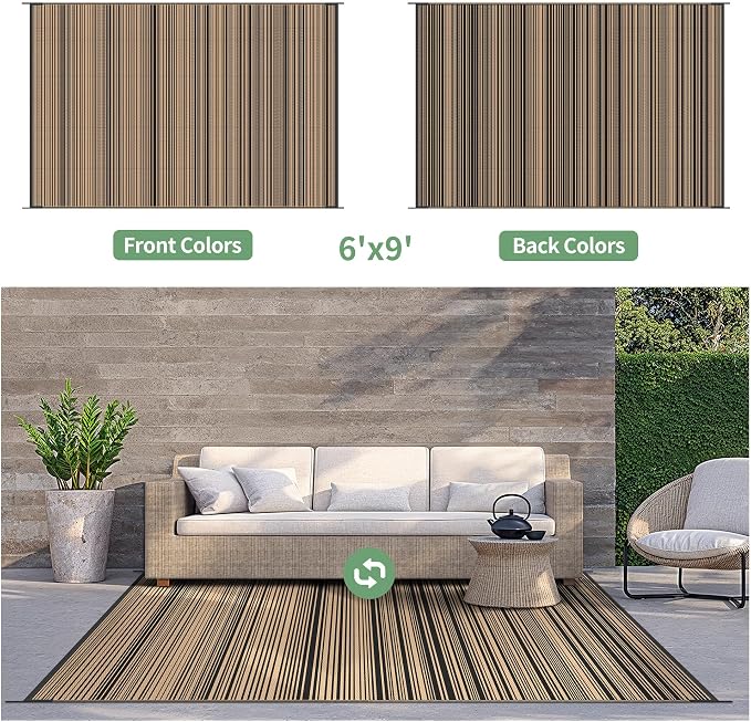 GENIMO Outdoor Rug, Waterproof Plastic Rugs for Patio, 6'x9' Light Brown | Outside Larger Modern Carpet Mat for Porch Decor, Deck, Balcony, Camping, RV, Backyard, Picnic, Beach, Reversible, Foldable