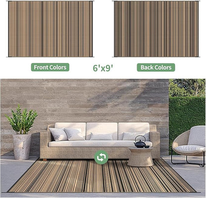 GENIMO Outdoor Rug, Waterproof Plastic Rugs for Patio, 6'x9' Light Brown | Outside Larger Modern Carpet Mat for Porch Decor, Deck, Balcony, Camping, RV, Backyard, Picnic, Beach, Reversible, Foldable