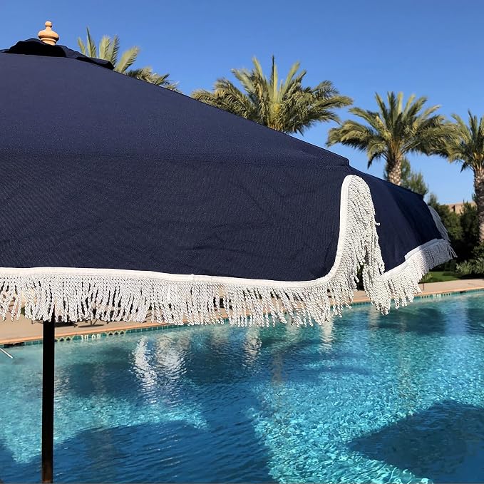 FORMOSA 9ft 6 Rib Market Premium Patio Umbrella Replacement Canopy - 300D UV Protective and Water Resistant Patio Canopy - Umbrella Replacement Cover (CANOPY ONLY) (Navy Fringe Olefin)